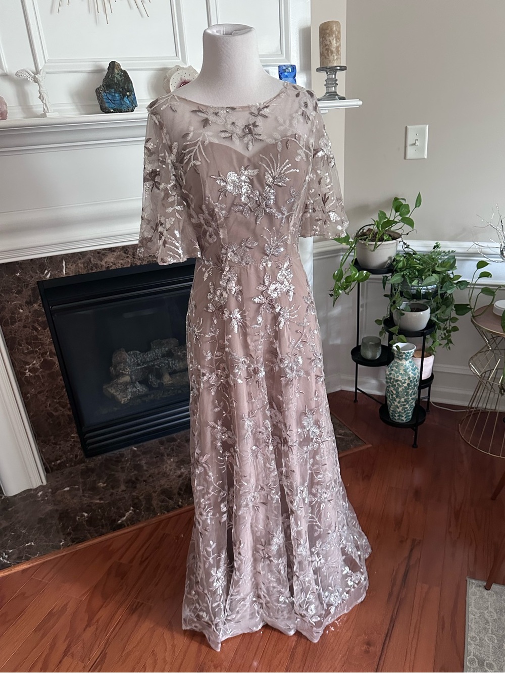 Embellished Taupe & Silver Lace Evening Gown